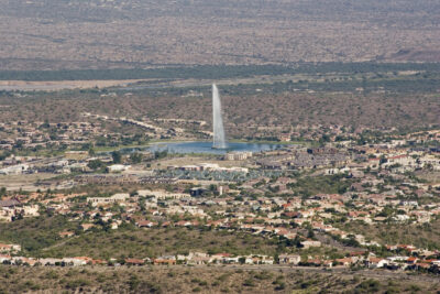 Scenic view of Fountain Hills, Arizona, showcasing its iconic fountain, stunning desert landscape, and vibrant residential community.